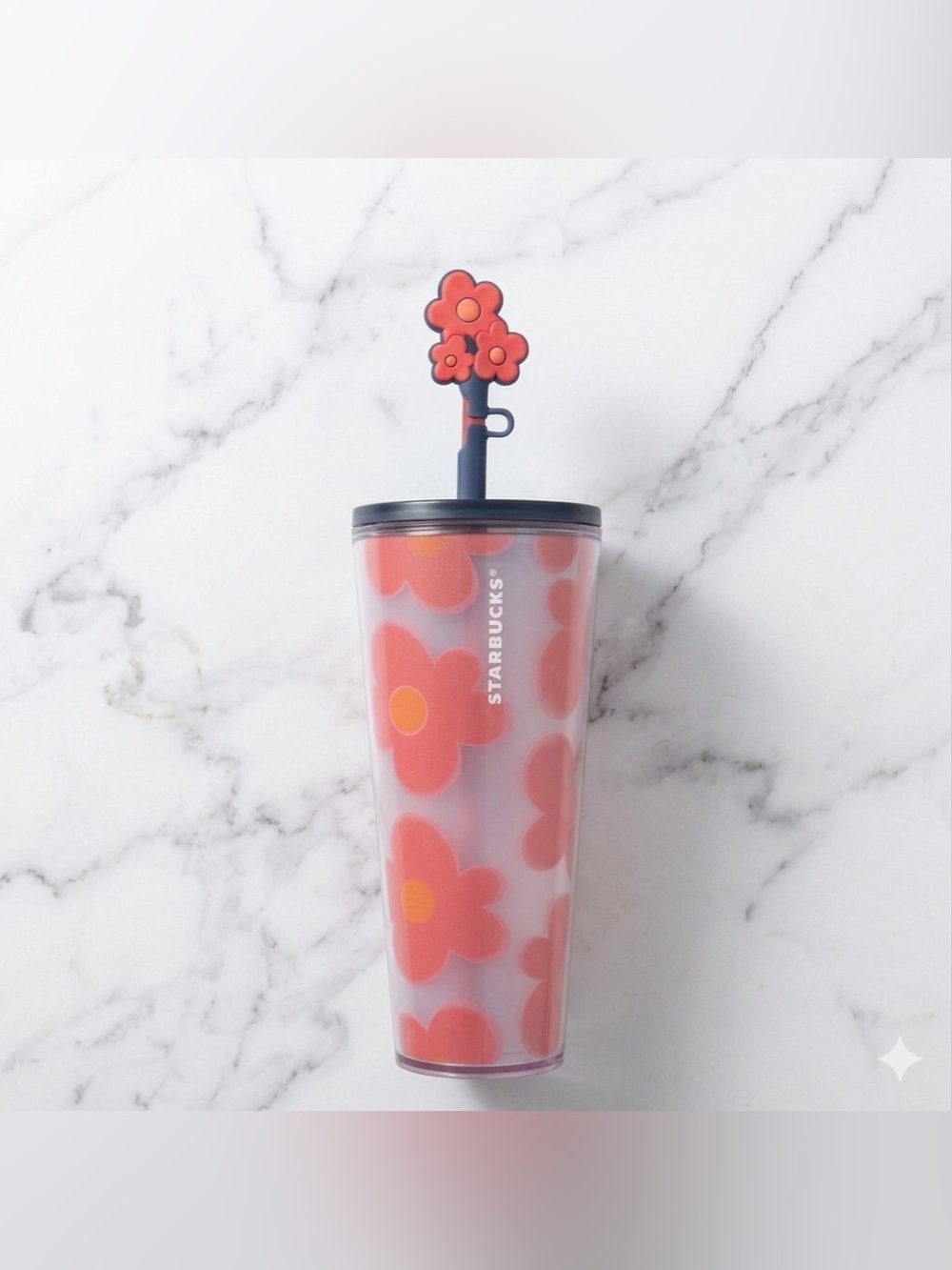 NWT Starbucks 2025 Spring Floral Tumbler 24oz Red Orange Flower Straw Topper